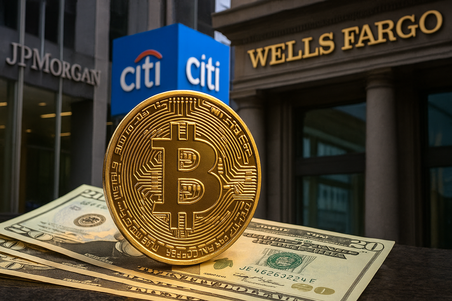 미국의 대형 은행들과 비트코인을 표현한 이미지. AI 생성
